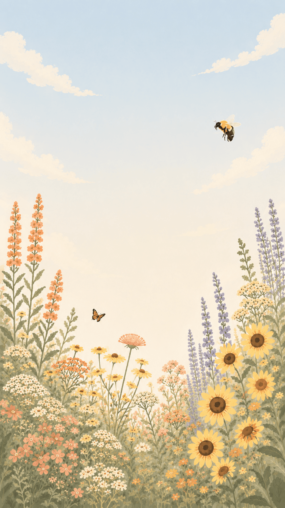 A wildflower paddock under an open sky, a bee out doing the rounds