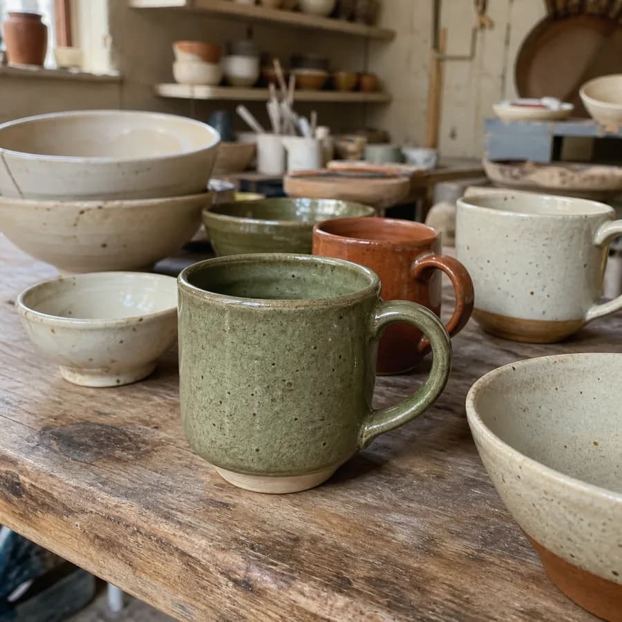 Handmade ceramic cups in moss green, oat and terracotta glazes