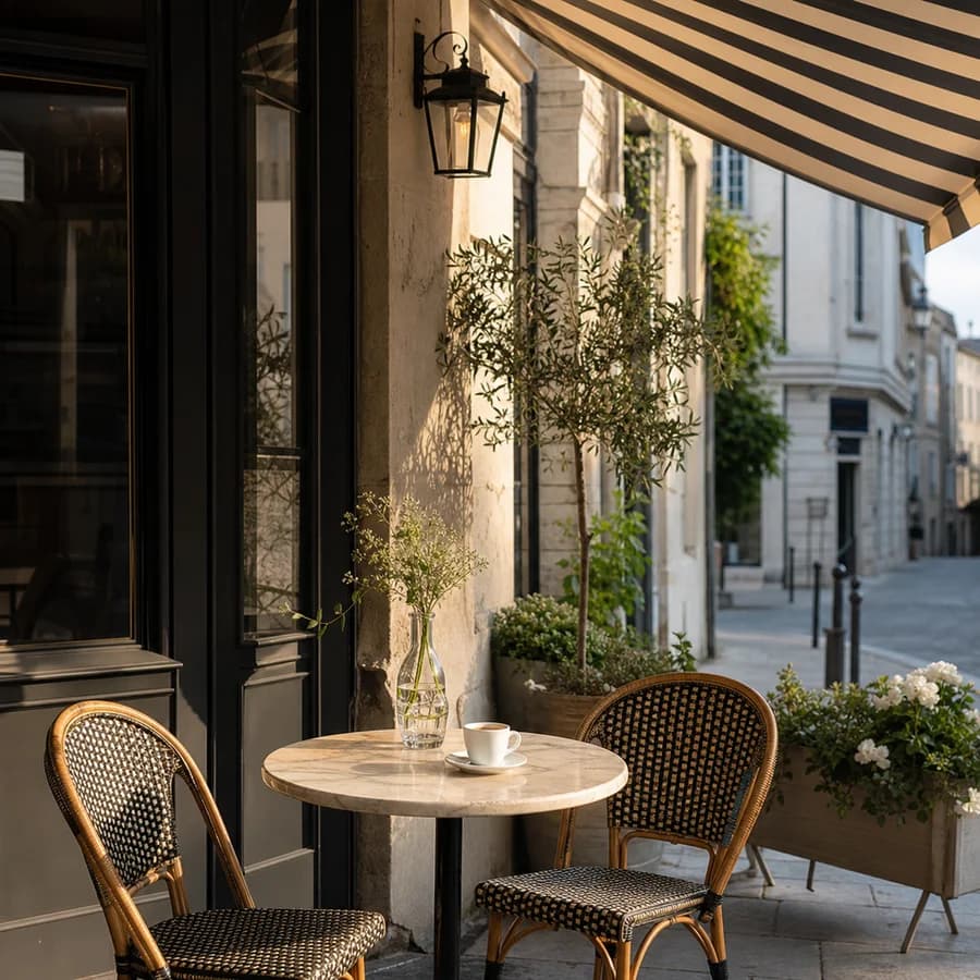 A sunlit bistro patio set with two chairs and an espresso