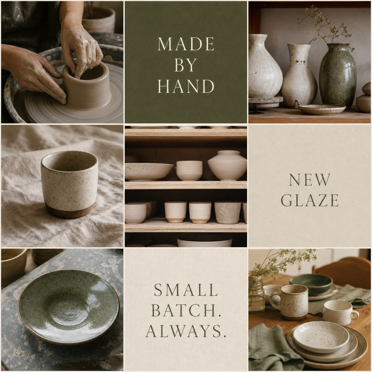 Curated nine-post ceramics feed mixing pottery studio photography with moss and oat editorial cards
