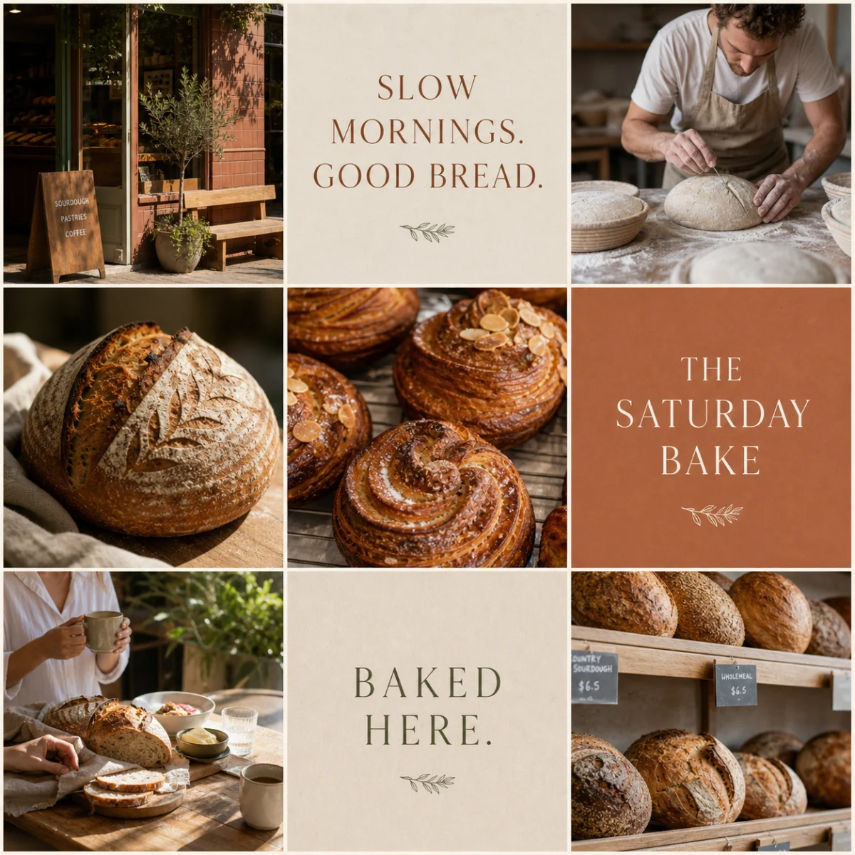 Curated nine-post bakery feed mixing artisan bread photography with warm editorial text cards